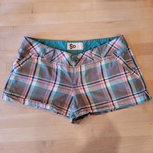 SO Low Rise Shortie Shorts Teal Cream Grey Plaid Summer Sz 7